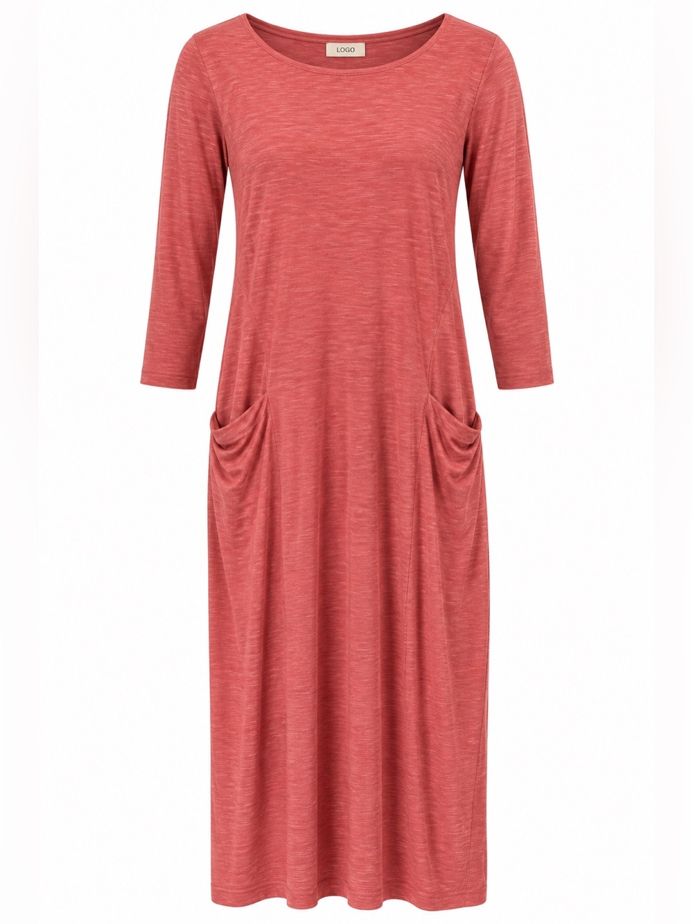 LOGO Lori Goldstein Coral Slub Cotton Midi Dress Pockets 3/4 Sleeve XS